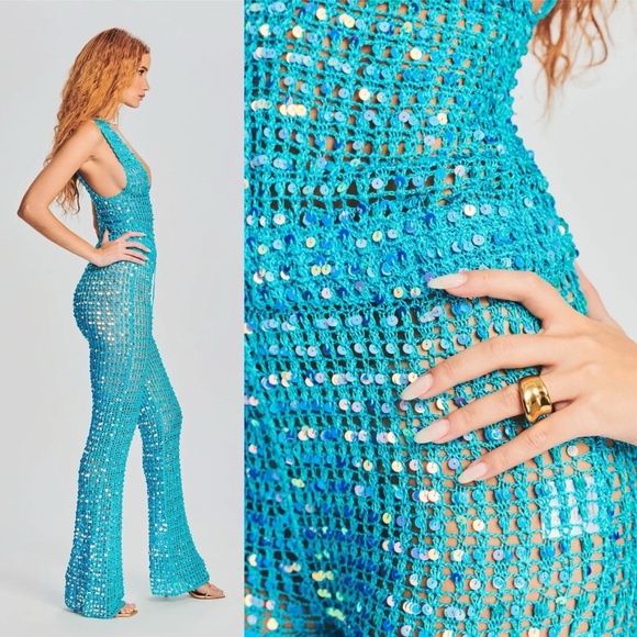 Retrofête Nirvana Aqua Blue Sequin Crochet Jumpsuit Sheer Wide-Leg M L NWT - Picture 8 of 8
